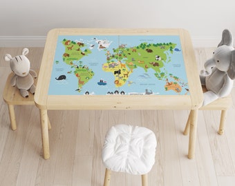 Ikea Flisat Table Decal \ World Map for Kids \ Map with Animals \ Table Sticker \ Removable Decals \ Peel and Stick \ Ikea Vinyl Decal