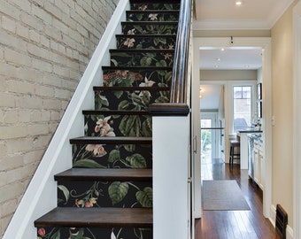 Gepard in the Jungle Decal \ Dark Flowers Sticker \ Botanical Removable Stair Riser Decals \ Peel & Stick Vinyl Stair Sticker