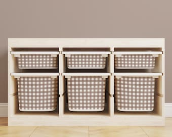 Adesivi Trofast a quadretti color marrone pastello, adesivi per bidoni a quadretti, fascette per organizer color neutro caldo, etichette per contenitori per giocattoli Ikea