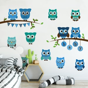 Blue and Green Owls \ Wall Decal \ Removable Wall Stickers \ Self Adhesive Wall Decal \ Wall Art