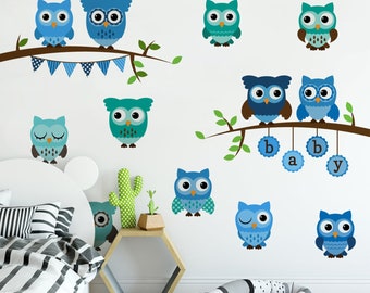 Blue and Green Owls \ Wall Decal \ Removable Wall Stickers \ Self Adhesive Wall Decal \ Wall Art