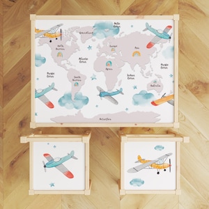 Ikea LATT tafel- en stoelenstickers, wereldkaart met vliegtuigen, aquarel reisthema voor kinderen, peel and stick vinyl, montessoritafeldecor