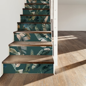 Turquoise Leaves Decal \ Dark Botanical Sticker \ Botanical Removable Stair Riser Decals \ Peel & Stick Vinyl Stair Sticker