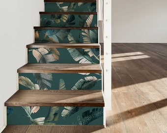 Turquoise Leaves Decal \ Dark Botanical Sticker \ Botanical Removable Stair Riser Decals \ Peel & Stick Vinyl Stair Sticker