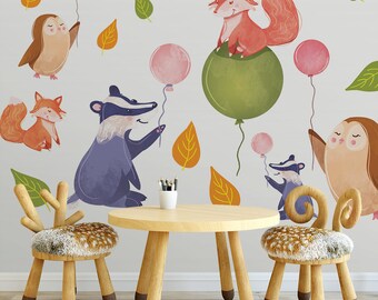 Colorful Animals with Baloons \ Wall Decal \ Removable Wall Stickers \ Self Adhesive Wall Decal \ Wall Art