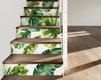Monstera Leaves Decal \ Light Floral Sticker \ Floral Removable Stair Riser Decals \ Peel & Stick Vinyl Stair Sticker
