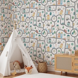 Papel pintado de la ciudad de la habitación de los niños, papel pintado divertido, pegatina de la pared de las calles de la ciudad, papel pintado de pelar y pegar, papel pintado de la habitación de los niños, papel pintado de los coches - #1053