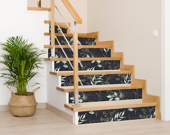 Soft Leaves on Dark Decal \ Dark Floral Sticker \ Floral Removable Stair Riser Decals \ Peel & Stick Vinyl Stair Sticker