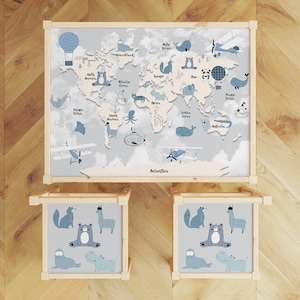 IKEA LATT tafel- en stoelenstickers, blauwe wereldkaart met dieren, montessori leren vinylsticker, Peel-and-Stick geografie tafeldecor