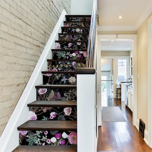 Pink Wildflowers Decal \ Dark Floral Sticker \ Floral Removable Stair Riser Decals \ Peel & Stick Vinyl Stair Sticker