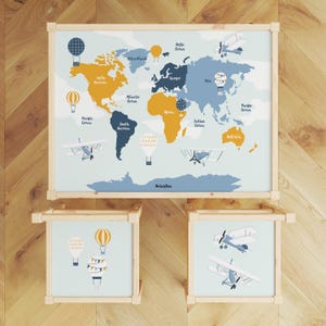 Ikea LATT tafel en stoelen stickers kleurrijke wereldkaart met heteluchtballonnen, Montessori geografie vinyl sticker, Peel-and-Stick tafeldecor