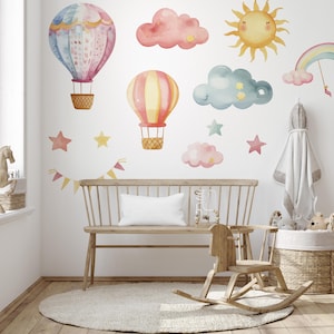 Pink Balloons and Stars Wall Decals, Sun and Clouds Stickers, Removable Watercolor Wall Art for Kids Room, Peel and Stick Decor