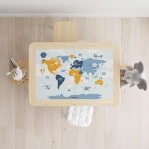 Ikea Flisat Table Decal, Colorful World Map with Balloons and Airplanes, Montessori Geography Vinyl Sticker, Peel and Stick Table Makeover