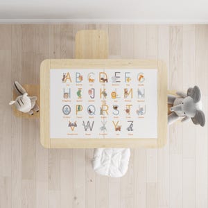 Può includere: Un set tavolo e sedia in legno per bambini con una tabella dell'alfabeto illustrata con animali. Il tavolo ha angoli arrotondati ed è circondato da peluche. La tabella dell'alfabeto è in inglese.