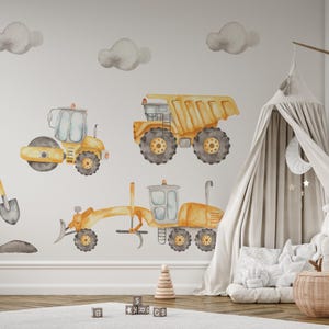 Baustelle Wandtattoo, Aquarell LKW und Kräne, Abnehmbarer Wandaufkleber, Kinderzimmer Dekor, Schälen und Kleben, Jungen Wandkunst