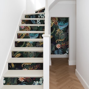 Exotic Forest Decal \ Dark Botanical Sticker \ Botanical Removable Stair Riser Decals \ Peel & Stick Vinyl Stair Sticker