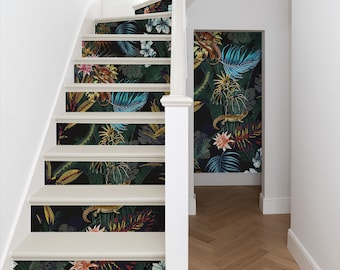 Exotic Forest Decal \ Dark Botanical Sticker \ Botanical Removable Stair Riser Decals \ Peel & Stick Vinyl Stair Sticker