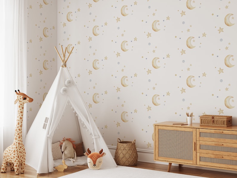 Watercolor Moon Stars Wallpaper, Delicate Nursery Wall Decoration #1363 ...