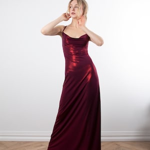 Burgundy Prom Dress - Bridesmaid Wine Maxi Dress, Low Back Bias Cut Dress, Long Silk Fitted Dress, Draped Cleavage Dress, A-line Ball Dress