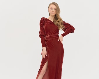 Orange Velvet Dress Rust Velvet Bridesmaid Dress  Copper Long Velvet Dress Terracotta Cleavage Dress Summer Velvet Long Prom Dress Modest