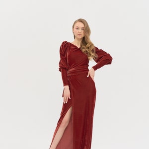 Orange Velvet Dress Rust Velvet Bridesmaid Dress  Copper Long Velvet Dress Terracotta Cleavage Dress Summer Velvet Long Prom Dress Modest