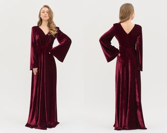 Burgundy Prom Dress Bridesmaid Wine Maxi Dress Long Velvet Fitted Dress A-line Ball Dress Red Summer Wedding Guest Dress A-line Wine Dress