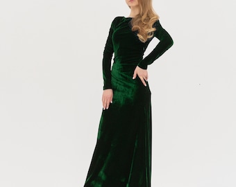 Long Velvet Dress - Mother of The Bride Dress Atonement Green Dress Emerald Green Modest Dress Simple Dark Green Summer Prom Maxi Dress