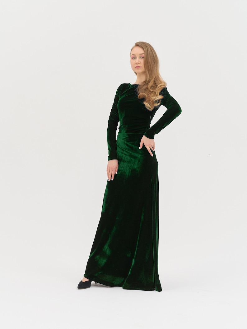 Long Velvet Dress - Mother Of The Bride Dress Atonement Green Dress Emerald Green Modest Dress Simple Dark Green Summer Prom Maxi Dress image 1
