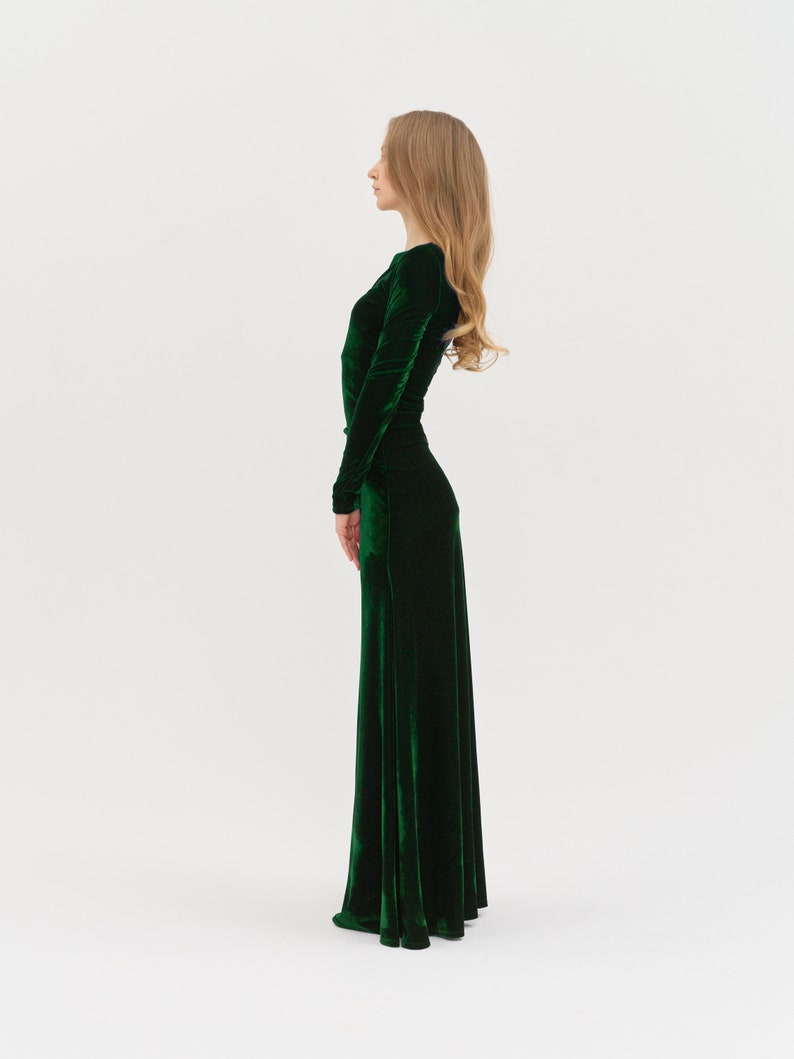 Long Velvet Dress - Mother Of The Bride Dress Atonement Green Dress Emerald Green Modest Dress Simple Dark Green Summer Prom Maxi Dress image 3