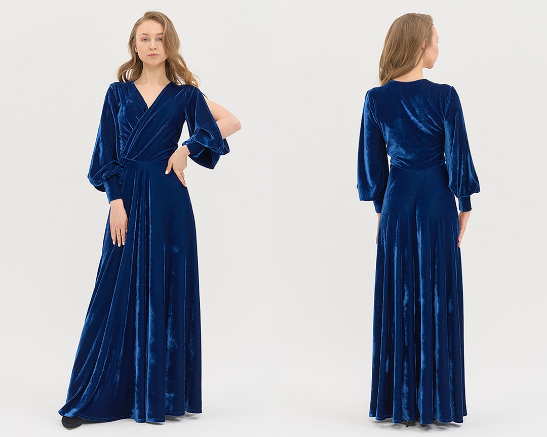 Navy Blue Velvet Dress Dark Long Wrap Dress Summer Bridesmaid Dress