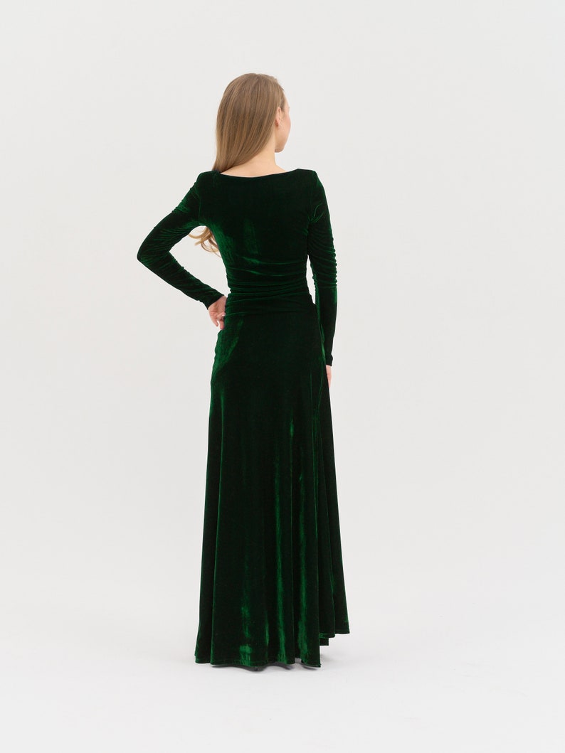 Long Velvet Dress - Mother Of The Bride Dress Atonement Green Dress Emerald Green Modest Dress Simple Dark Green Summer Prom Maxi Dress image 4