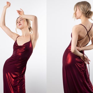 Burgundy Slip Dress - Bridesmaid Wine Dress, Backless Dress, Long Red Slip Dress, 90s Prom Dress, Semi Formal Dress, Red Sparkle Dress