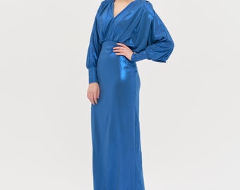 Royal Blue Satin Dress - Blue Wedding Guest Dress Stone Blue Bridesmaid Dress Semi Formal Maxi Dress Backless Prom Dress Cobalt Silk Dress