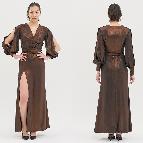 Long Bronze Dress - Sequin Dress Brown Bridesmaid Dress Gold Wedding Guest Dress Chocolate Satin Dress Summer Brown Prom Dress Maxi Dress