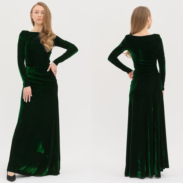 Robe longue en velours - Robe mère de la mariée Robe vert expiation Robe vert émeraude modeste Robe longue de bal d'été simple vert foncé