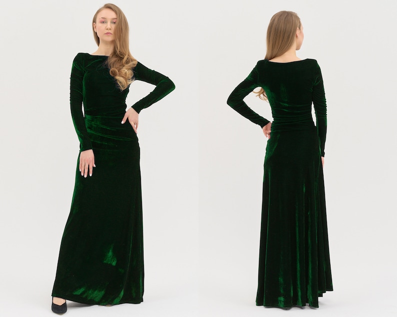 modest green velvet dress