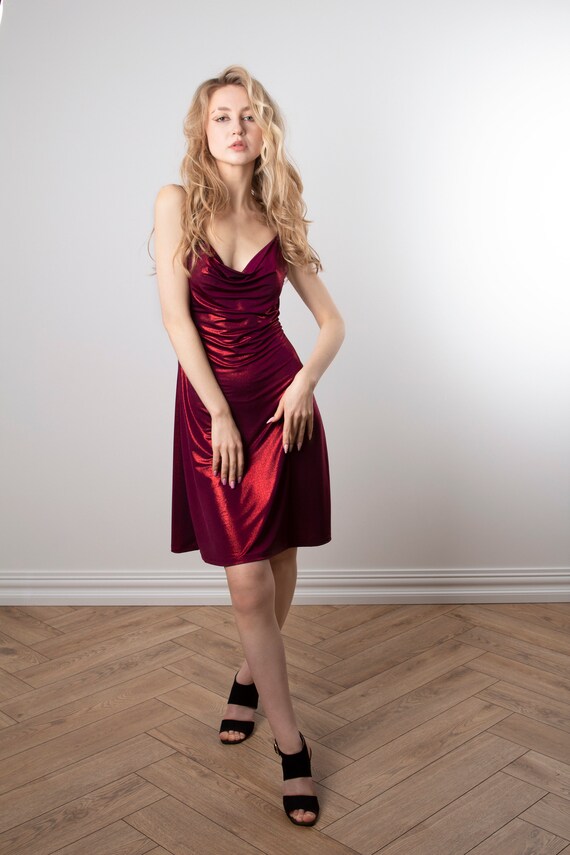 Red Prom Dress - Burgundy Bridesmaid Dress, Wine Cowl Neck Dress, Short Ruby Dress, Plus Size Date Dress, Bias Slip Prom Dress, 90s Dress
