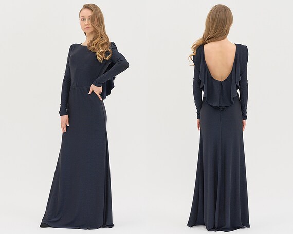 Maxi Dress for Wedding Guest - Navy Blue Long Dress Simple Summer Prom Dress Blue Bridesmaid Dress Minimalist Cocktail Dress Open Back Dress