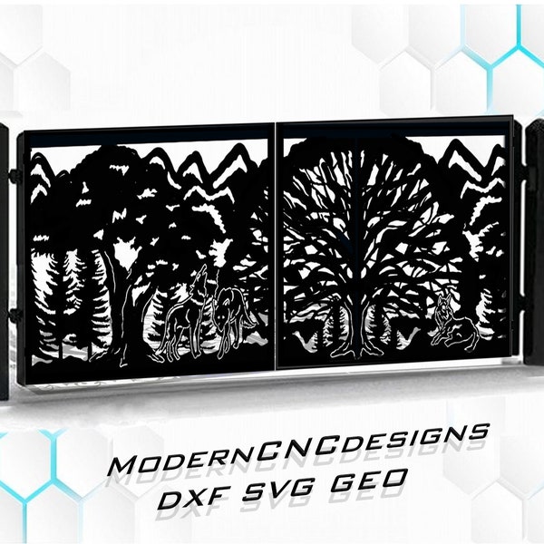 gate panel fence wolf animal tree forest- DXF CNC dxf for Plasma Laser Waterjet Plotter Router Cut Ready Vector CNC file ready to cut
