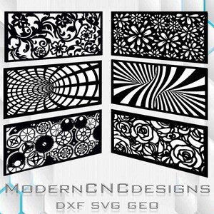 Può includere: Set di sei file di taglio digitale in bianco e nero con vari disegni geometrici e floreali. I disegni includono un motivo floreale, un motivo a spirale, un motivo a ingranaggi e un motivo a rose. Il testo "MODERN CNC DESIGNS" e "DXF SVG GEO" si trova nella parte inferiore dell'immagine.