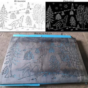 May include: A metal artwork depicting a howling wolf, trees, a lighthouse, and stars. The design is cut out of the metal, creating a negative space effect. The word "REALIZACJA" is visible.