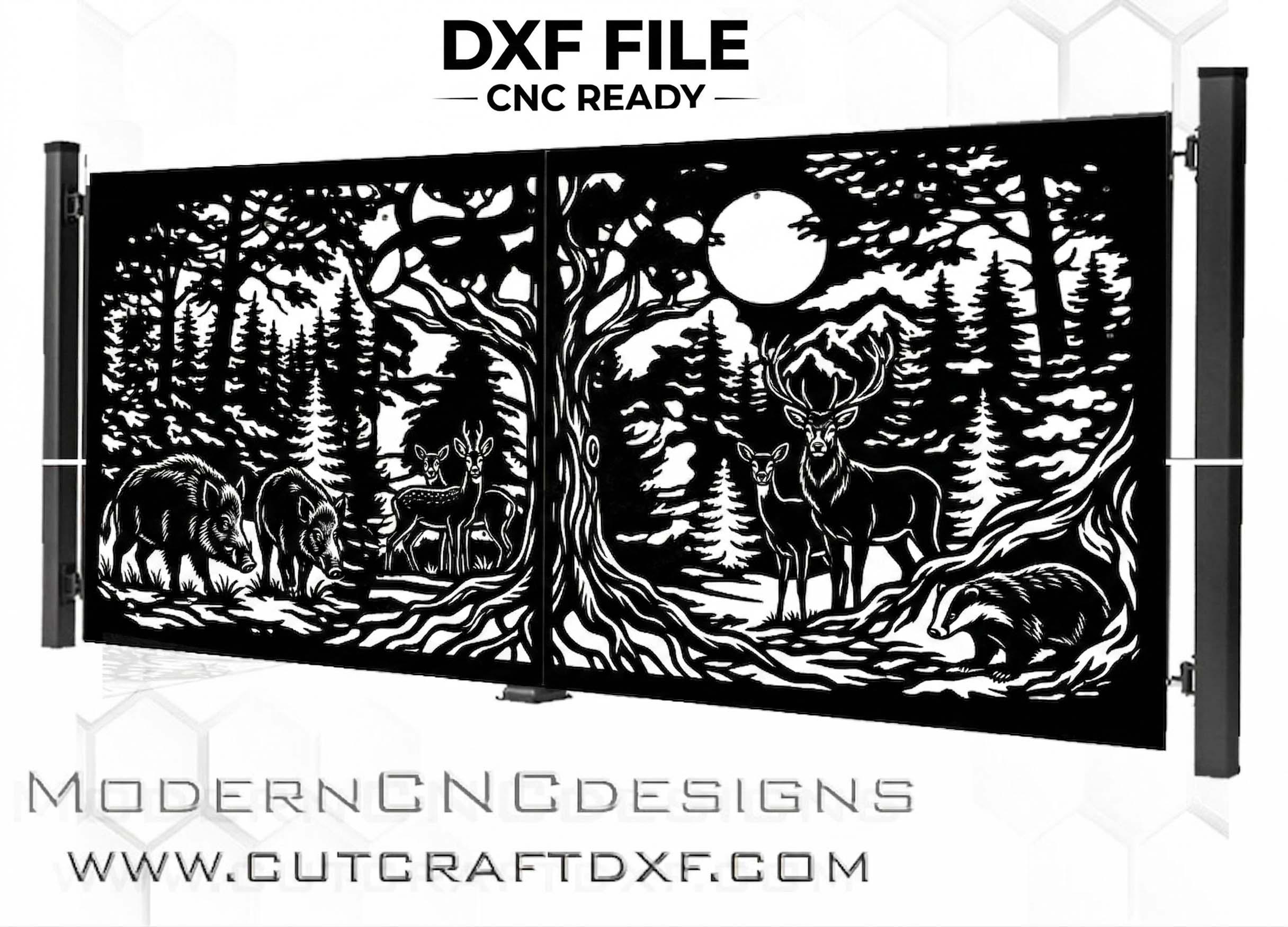 Forest Sign Dxf File Forest Wildlife CNC Gate DXF File Woodland Landscape With Deer, Boar ...