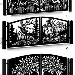 Peut inclure: Portails en métal noir avec des découpes décoratives. Les motifs comprennent des arbres, de la faune et des scènes de nature. Les portails sont présentés dans trois styles différents, chacun avec un design unique. Le texte "MODERN CNC DESIGNS" est visible en bas.