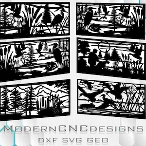 May include: Four black and white silhouette designs of nature scenes featuring birds, trees, and water. The designs are perfect for creating custom metal wall art or other decorative projects.