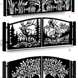 May include: Black metal gates with decorative cutouts. Designs include trees, wildlife, and nature scenes. The gates are shown in three different styles, each with a unique design. The text "MODERN CNC DESIGNS" is visible at the bottom.