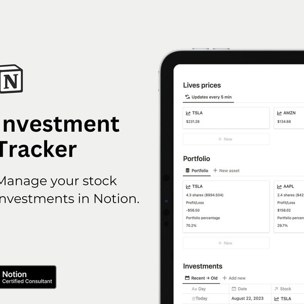 Investment Tracker Notion Template (with live stock prices)