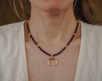 Collar granate con colgante luna chapado en oro 18k, collar naranja facetado, regalo para mujer, gargantilla de perlas pequeñas, minimalista