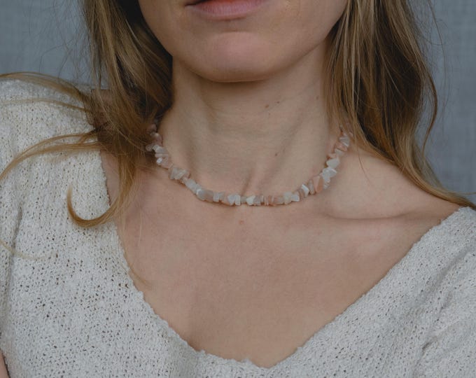 Moonstone chip necklace, choker necklace, healing stone necklace, birthstone jewelry, minimalist handmade, gift for women
