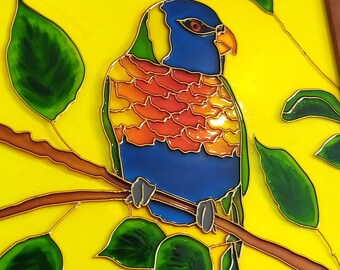 One of a Kind Original Glass Painting. Parrot - Stained Glass Effect Painting, Bird Rainbow Lorikeet. Colorful Wildlife Glass Art. Modern