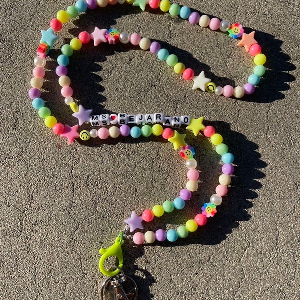 Rainbow Pearl Star Teacher Lanyard Custom Name Bead Smiley Happy Face 6mm/8mm/10mm Necklace ID Badge Tag Badge Holder Keychain Mask Holder